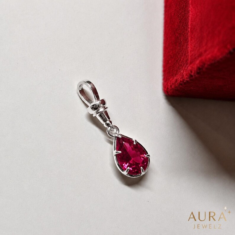 3 CT Pear Lab Pink Ruby Pendant, Sterling Silver, Victorian Collet Button Back Silver White Plating