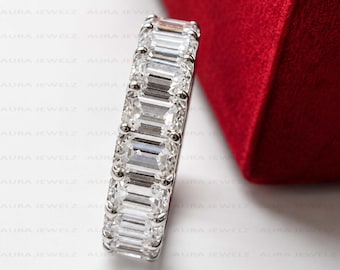 6x4MM Emerald Cut Eternity Band, Moissanite Wedding Band, Full Eternity Band, Colorless Moissanite, Anniversary Gift Eternity Ring