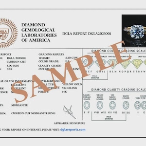 May include: A Diamond Gemological Laboratories of America grading report for a cushion cut moissanite ring. The document displays report number DGLA2023001, a weight of 2.20 CTW, a size of 8.00 M.M, and a 14K yellow gold metal type with a 5.61 grams weight.