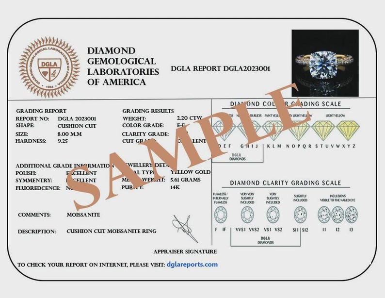 May include: A Diamond Gemological Laboratories of America grading report for a cushion cut moissanite ring. The document displays report number DGLA2023001, a weight of 2.20 CTW, a size of 8.00 M.M, and a 14K yellow gold metal type with a 5.61 grams weight.