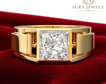 Princess Cut Moissanite Men's Ring, Solid Gold Ring For Men, Solitaire Princess Lab Grown Diamond Men's Ring, Princess Diamond gents Ring