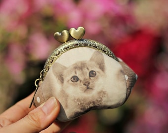 Cat Kiss Lock Coin Purse: Small Change Pouch, Handmade Card Wallet