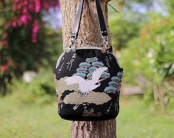 Kiss lock frame bag, Kiss lock bag cranes Japanese fabric, Large kiss lock bag, Shoulder bag, Cranes fabric, Metal frame bag