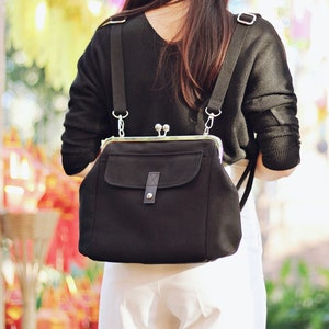 Kiss Lock Canvas Backpack: Convertible Shoulder Bag, Metal Frame