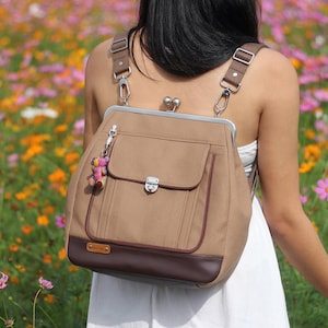 Kiss Lock Canvas Backpack: Metal Frame Tote Bag