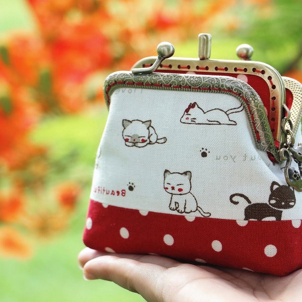 Coin purse two compartment, Cat coin purse, Metal frame clutchm, cat pouch