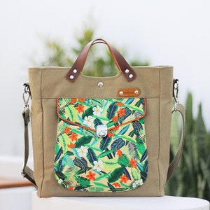 Canvas Tote Bag: Tropical Print Pocket, Leather Handles, Crossbody Option