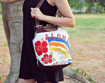 Kiss lock frame bag, Shoulder bag, Large kiss lock bag, Hawaiian bag, Metal frame bag, Aloha, Tropical