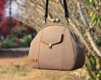 Large Canvas Kiss Lock Frame Bag: Vegan Leather Shoulder Bag