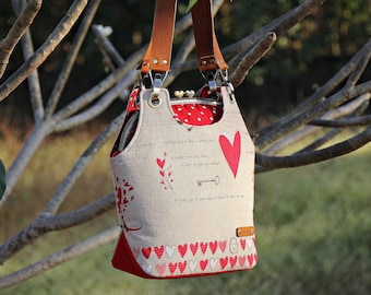Linen Heart Print Kiss Lock Shoulder Bag - Large Metal Frame Bag