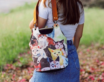 Kiss lock shoulder bag, Cat bag, Shoulder bag, Metal frame bag, Cat tote bag