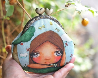 Kiss lock coin purse cotton linen fabric "Big eyes girl"