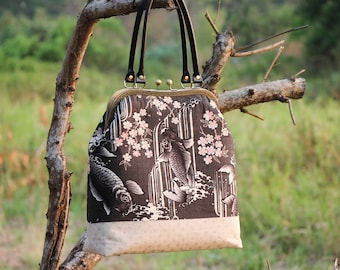 Koi Fish Kiss Lock Handbag: Japanese Cotton Metal Frame Bag