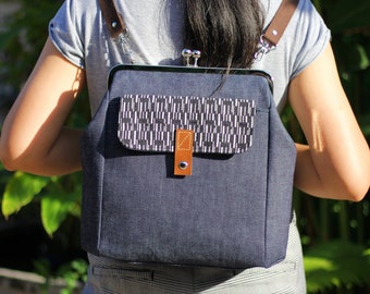 Kiss lock bag, Backpack, Shoulder bag, Denim backpack, Denim tote bag, Denim crossbody, Kiss lock backpack, Metal frame bag