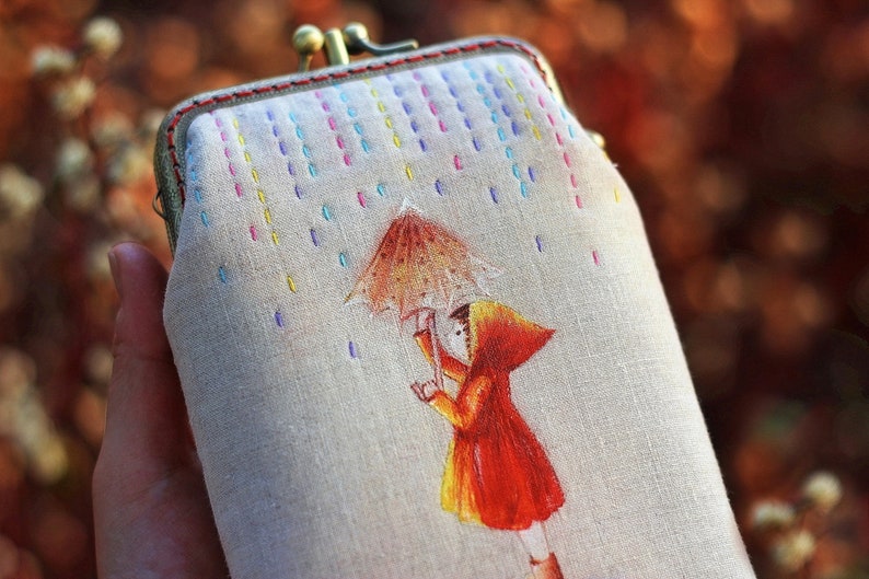 Wristlet phone case two compartment Hand painted Red riding hood image 2