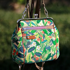 Tropical Flower Mini Backpack: Kiss Lock Cotton Shoulder Bag