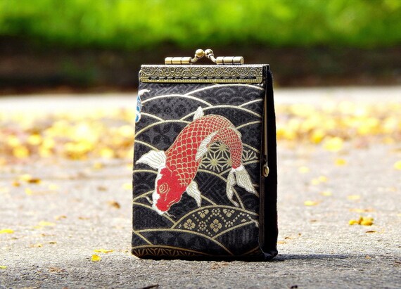 Business card holder Japanese fabric cranes and floral Credit card organizer Fold card case