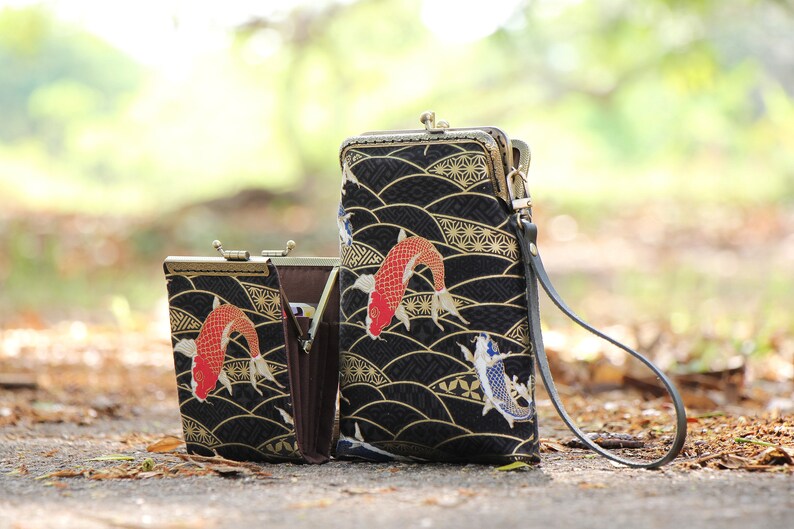 Business card holder Japanese fabric cranes and floral Credit card organizer Fold card case