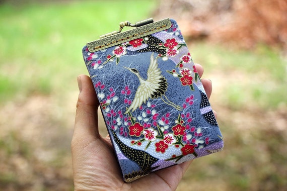 Business card holder Japanese fabric cranes and floral Credit card organizer Fold card case