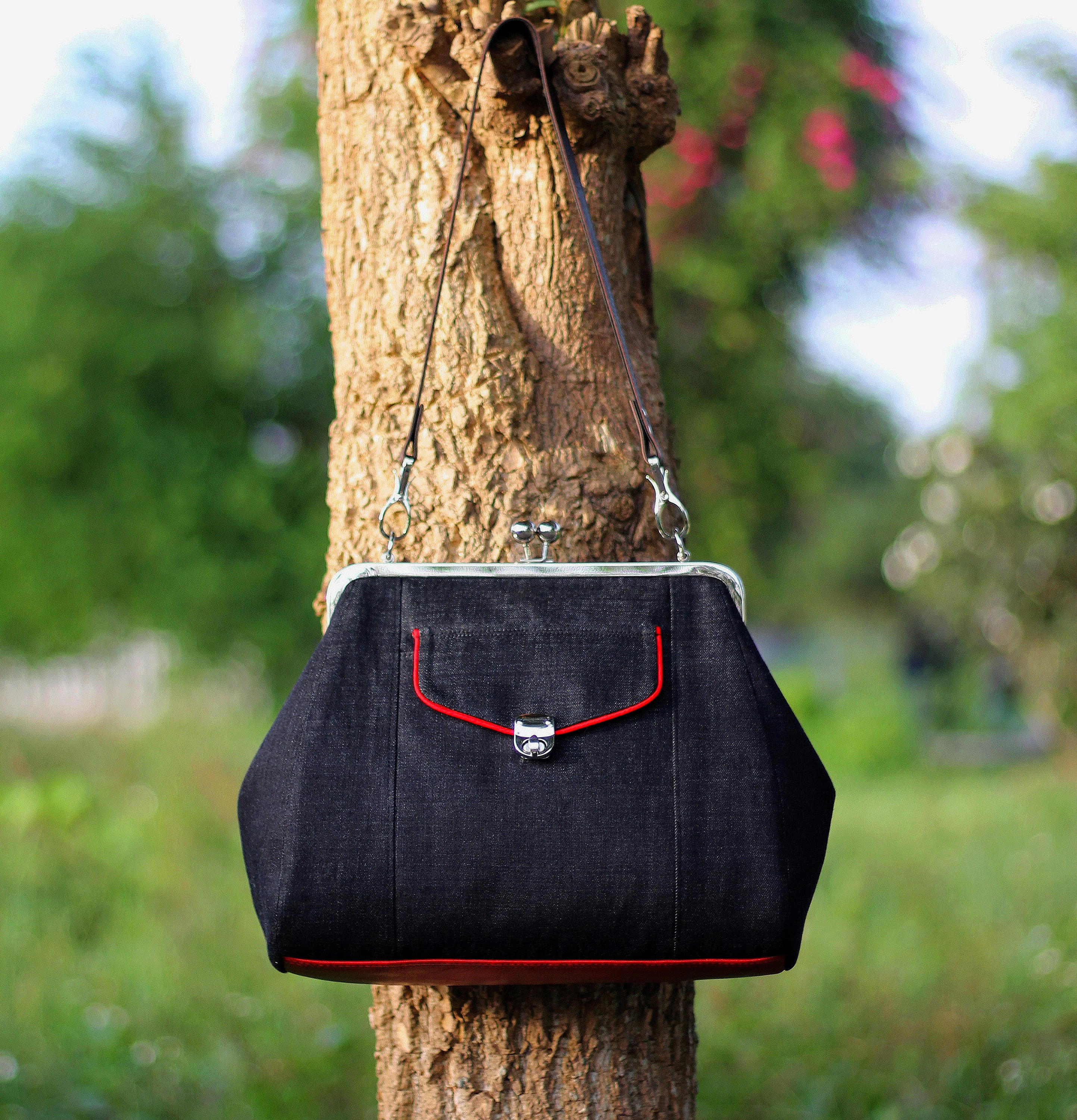 Kiss lock bag Denim bag Shoulder bag Metal frame bag Large Etsy