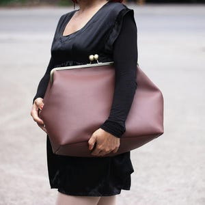 Extra Large Kiss Lock Handbag,  Vegan Leather Frame Purse, 13" Frame Oversized Clutch, Vintage Retro Kisslock Clasp Bag