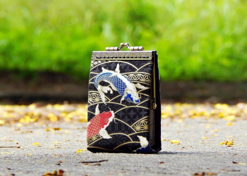 Business card holder Japanese fabric cranes and floral Credit card organizer Fold card case