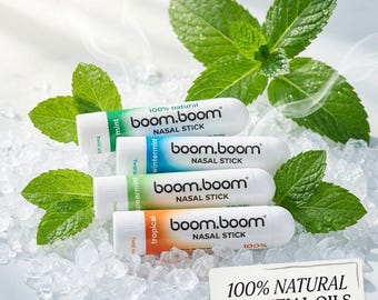 BoomBoom Aromatherapy Nasal Inhaler Stick (4-Pack Variety), Natural Essential Oil Mint Vapor Flow, Refreshing Sensation & Focus Support
