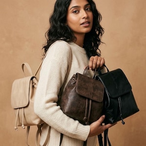 Zaino in pelle marrone, mini zaino vintage, zaino estetico con coulisse, borsetta retrò da viaggio, borsa a tracolla carina per tutti i giorni per lei
