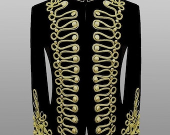 Men's Black Velvet Hussar Jacket – Gold Braided Military Style Wool Coat