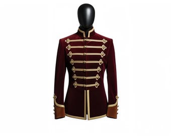Burgundy Hussar Military Jacket | Gold Braided Royal Officer Blazer