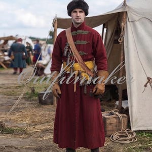 Red Medieval Cossack Zhupan Coat, Historical Wool Kaftan, Renaissance Faire Costume