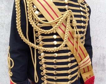Black General Men's Hussar Custom Made Ceremonial Gold Braiding Wool Jacket