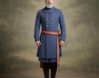 Handmade Civil War General Outfit: Blue Wool Double Breasted Regency Vest & Breeches