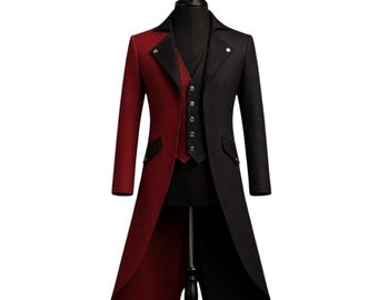 Men’s Red Black Gothic Victorian Inspired Long Tailcoat, Split Color Theater, Cosplay Costume