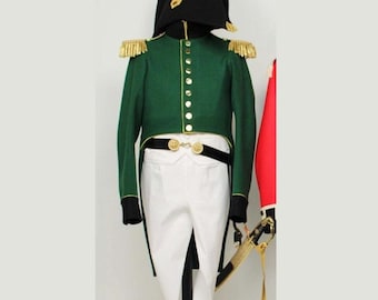 1815 Officer Green Wool Military Tailcoat: Handmade Silk Lined Men's Jacket