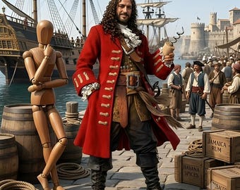 Red Pirate Captain Frock Coat Men Costume Hook Colonial Steampunk Jacket Custom