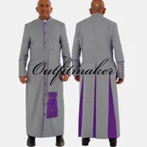 May include: A grey cassock featuring a mandarin collar, long sleeves, and a front button closure with purple piping. The garment includes a purple rectangular patch on the lower front and purple pleated inserts on the back panel.
