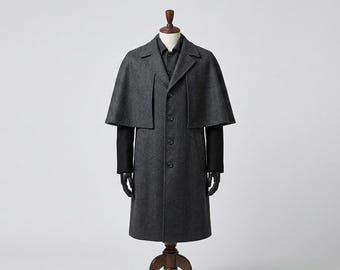 Dark Gray Cashmere Men's Overcoat with Cape Outdoor Casual Winter Warm Long Coat