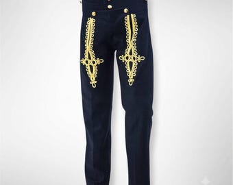 Men's British Napoleonic Hussar pantaloons - Black Breeches with Gold embroidery