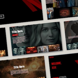 Op de afbeelding: Een digitale interface-indeling met meerdere rechthoekige panelen die miniaturen van films en tv-programma's, personageportretten en de tekst Title Here, Welcome XXX en Login weergeven, met een rood Netflix-logo op een zwarte achtergrond.