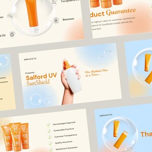以下が含まれることがあります： Salford UV SunShieldのマーケティングスライド集。オレンジ色のサンスクリーンチューブ、白いボトル、酸化亜鉛やシアバターなどの成分リスト、ターゲット層を示す円グラフ、製品保証に関するテキストが含まれています。