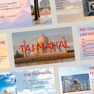 May include: A collage of educational slides featuring the Taj Mahal, with red text overlays including 'TAJ MAHAL', 'THE GRAVES AREN'T WHERE YOU THINK', '400 YEARS. STILL UNFINISHED?', and 'WHAT'S BEHIND THE DOORS?' against a soft, cloudy sky background.