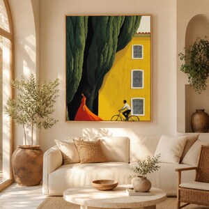 Yellow Architecture Print, Cypress Tree, Bicycle Scene Wall Art