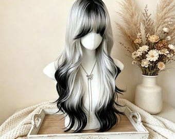 Schwarz-weiße Ombre-Perücke, gewellt, mit Pony, lange Wasserwelle, Gothic Cosplay Haar