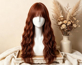 Lange golvende synthetische pruik met pony, natuurlijk hittebestendig haar voor dagelijks gebruik, cosplay en Halloween