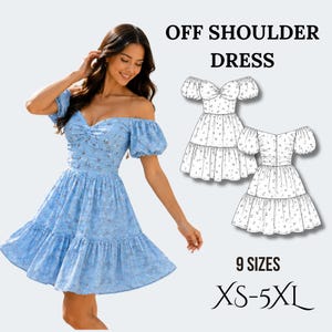 May include: A light blue off-shoulder dress with a small floral pattern, featuring puff sleeves, a sweetheart neckline, and a tiered skirt. The image includes text reading OFF SHOULDER DRESS, 9 SIZES, and XS-5XL, alongside two black and white sketches.