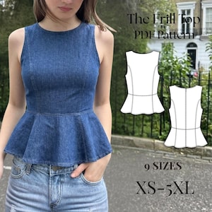 Cartamodelli per top da donna con volant, modello stampabile in PDF, abbigliamento femminile, adatto ai principianti, fai da te, regalo per donna, download digitale