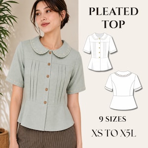 May include: A sage green short-sleeved button-down top with a rounded collar featuring white embroidery, vertical pleats on the front, and brown buttons. The image includes text reading PLEATED TOP, 9 SIZES, and XS TO X5L, alongside technical line drawings.