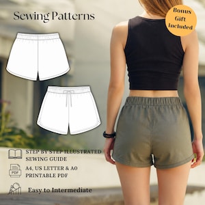 May include: Sewing patterns for shorts featuring a black tank top and olive green shorts with an elastic waistband. Includes a step-by-step illustrated sewing guide, A4, US letter, and A0 printable PDF formats, and a bonus gift included.