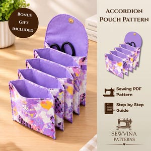 May include: An accordion pouch pattern featuring a purple and multi-colored abstract print with a solid purple interior. The text reads Accordion Pouch Pattern, Sewing PDF Pattern, Step by Step Guide, Sewvina Patterns, and Bonus Gift Included.
